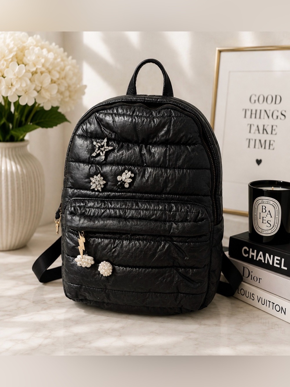 Betsey Johnson Black quilted Backpack with pearl and star Embellishments